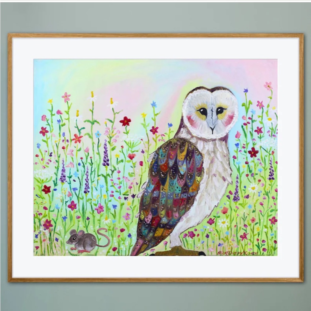 Barn Owl Hunts Prairie Art Print Oil Painting Flower Meadow Whimsical Home Decor